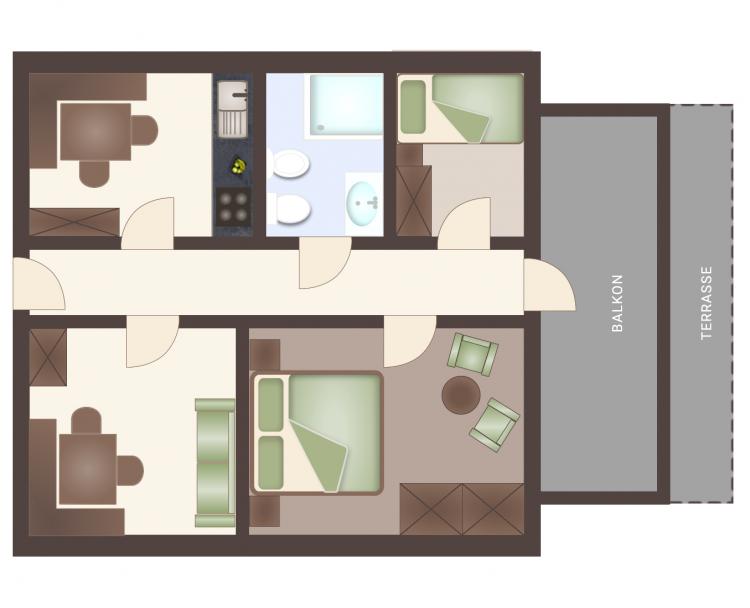 Piantina appartamento per 2-4 persone (le piantine sono indicative; dotazione e dimensioni possono differire)